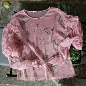 Zara sheer mesh bubble sleeve blouse.